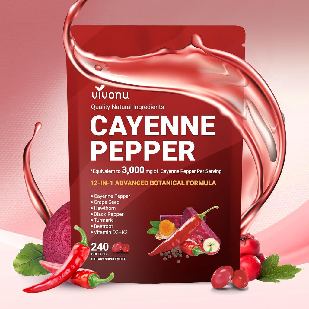 Cayenne Pepper Softgels Supplement, Supports* Leg Vein*, Heart* and Blood* Vessel Health*, with Vitamin E D3+K2 and Extracts of Grape Seed, Hawthorn, Beetroot, Berberine and Others