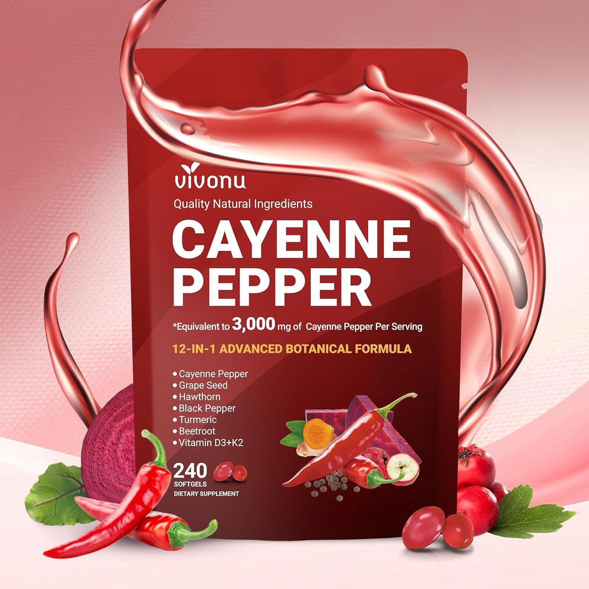 Cayenne Pepper Softgels Supplement, Supports* Leg Vein*, Heart* and Blood* Vessel Health*, with Vitamin E D3+K2 and Extracts of Grape Seed, Hawthorn, Beetroot, Berberine and Others