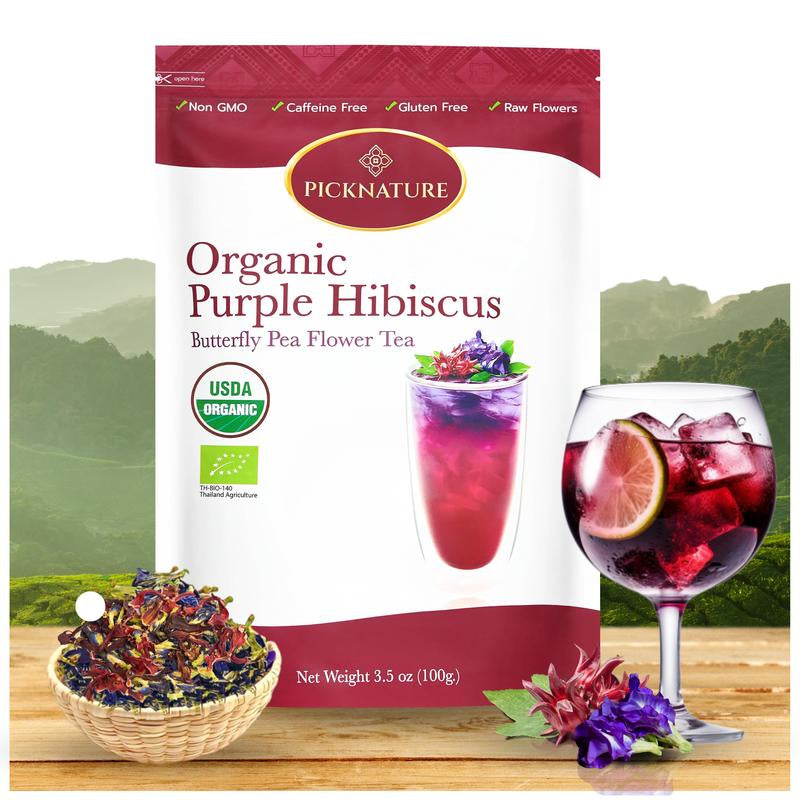 PICKNATURE 100% USDA Organic Purple Hibiscus Tea Butterfly Pea Flower Tea 3.50 Oz. Loose Leaf Tea - (300+ Cups) - Antioxidant Rich Dried Herbal Hibiscus Flowers Butterfly Pea Flowers - Product of Thailand Beverage Natural Lemon